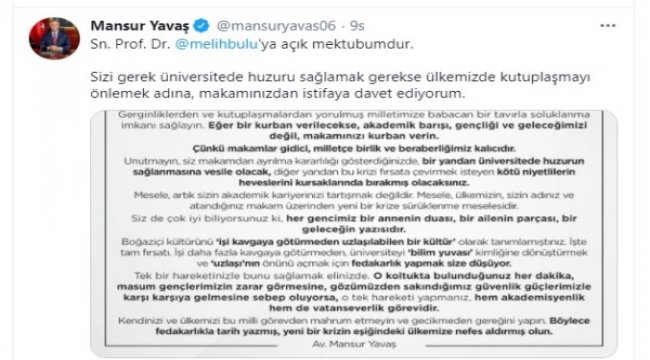 Mansur Yavaş'tan Boğaziçi Üniversitesi Rektörü Bulu'ya mektup
